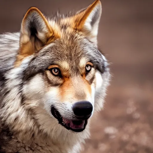 Image similar to professional photograph of a light brown and cream wolf, high quality, hd, 8 k, 4 k, magnificent, award - winning, nature, nature photography, awe - inspiring, highly detailed, amazing