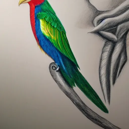 Image similar to a color pencil drawing of a quetzal bird by natalia rojas and ana maria martinez jaramillo, pastel color, wingspan, realistic graphite, high quality, artstation, 4 k, realism, photorealism, fine art