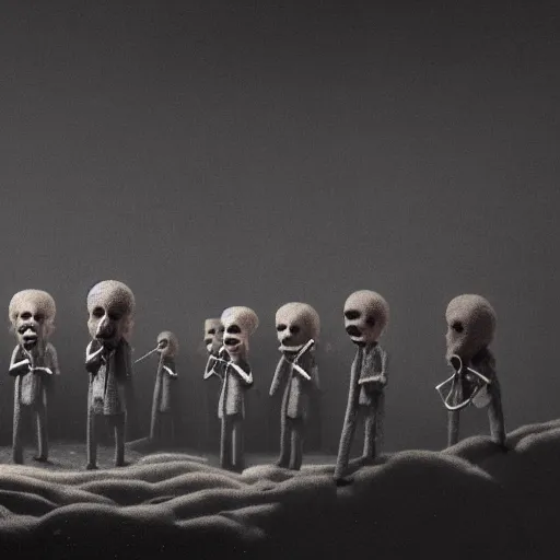 Image similar to the last orchestra, surrealistic detailed claymation art, dark, moody, foggy