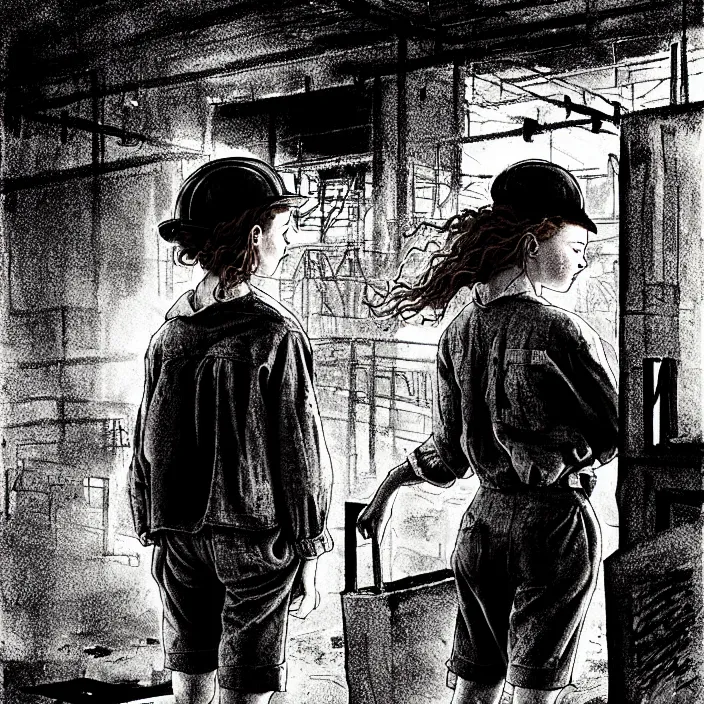 Image similar to sadie sink in dirty workmen clothes waves goodbye to workmen. background : factory, dirty, polluted. technique : black and white pencil and ink. by gabriel hardman, joe alves, chris bonura. cinematic atmosphere, detailed and intricate, perfect anatomy