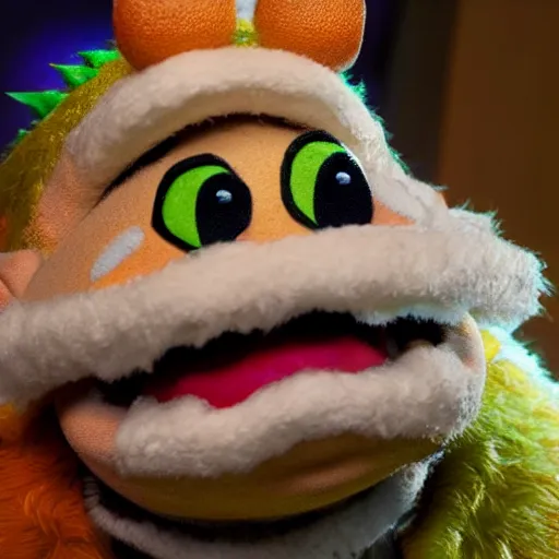 Image similar to A still of Bowser as a muppet, photo real, photographic, photograph, artstation, trending, award winning, epic lighting, featured