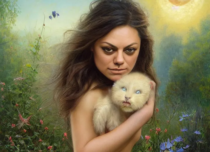 Image similar to Mila Kunis staring into the camera singing a lullaby, fireflies, full moon, Lilia Alvarado, Sophie Anderson, Mark Arian, Bob Byerley, Charlie Bowater, Mark Brooks, Steve Henderson, Justin Gerard, Arthur Hughes, Edward Robert Hughes, Mark Keathley, Victor Nizovtsev, Carlos Shwabe, Ross Tran, WLOP