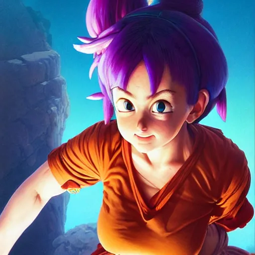 Image similar to highly detailed vfx portrait of bulma by eiichiro oda!, stephen bliss, greg rutkowski, loish, rhads, beeple, makoto shinkai, tom bagshaw, alphonse mucha, sharp focus, art by artgerm and greg rutkowski, stanley kubrick, backlit, harsh overhead sunlight,