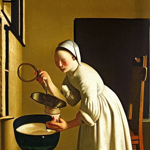Prompt: pepe the frog as a milkmaid pouring milk from a pot in a bowl, by johannes vermeer, the milkmaid, pepe the frog, dramatic lighting, northern netherlands school of art, 1 6 6 0, oil on canvas
