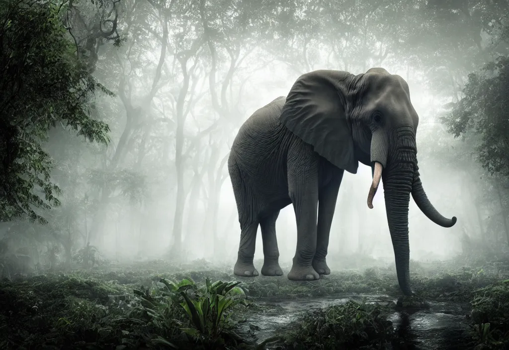 Prompt: an enormous alien elephant king, in a jungle with ominous light from above, ambient light, fog, river, very poetic