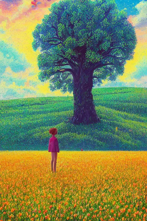 Prompt: giant flower face, girl standing in flower field, surreal photography, big trees, sunrise dramatic light, impressionist painting, colorful clouds, digital painting, pointillism, artstation, simon stalenhag