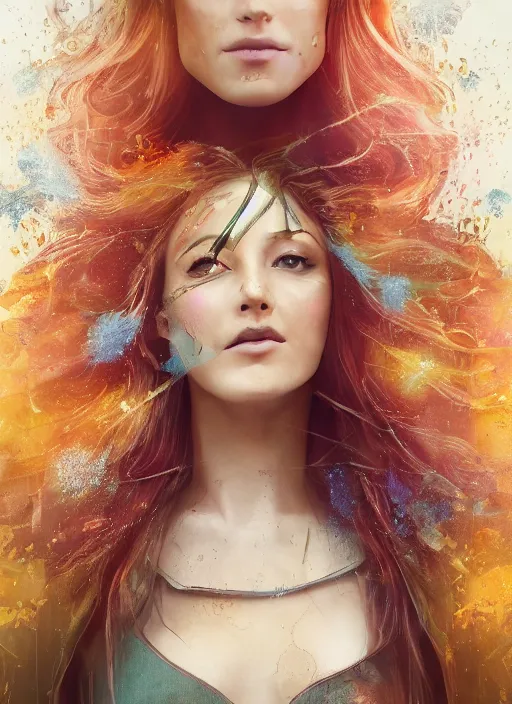 Prompt: beautiful portrait of female Robin Hood, orange flowing hair, magical, forest, sunset, blue mist, rain, symmetrical face, large grey eyes, pale, freckles, natural, freedom, happy, eve, joy, wanderlust, hyper realistic, digital art, octane render, trending on artstation, artstationHD, artstationHQ, unreal engine, 4k, 8k