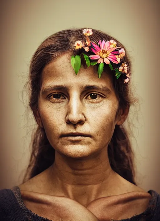 Prompt: portrait of a 2 0 0 0 year old woman, symmetrical face, flowers in her hair, she has the beautiful calm face of her mother, slightly smiling, ambient light