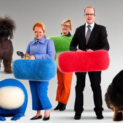 Image similar to a happy accounting firm staffed by different types of hyper-realistic felted toy mice, with a xerox machine, computers, kitchenette and conferenceroom, with a small black woolly terrier dog as the manager, colourful, playful, miniature