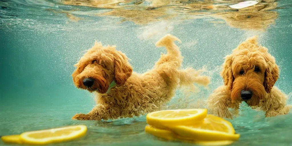 Prompt: a golden doodle chasing sliced lemons under water, style of national geographic