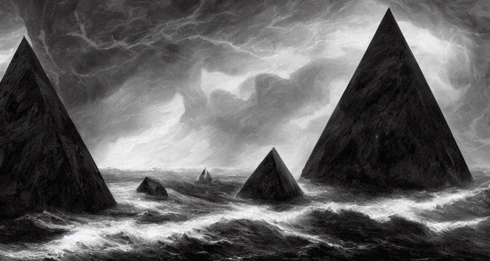 Image similar to black lovecraftian eldritch!! obsidian pyramid!! on a snowy island surrounded by raging stormy seas, with a large shadow of a creature in the background by eugene von guerard, ivan shishkin, night, red lightning!!, storm!, dramatic lighting, concept art, trending on artstation, 8 k