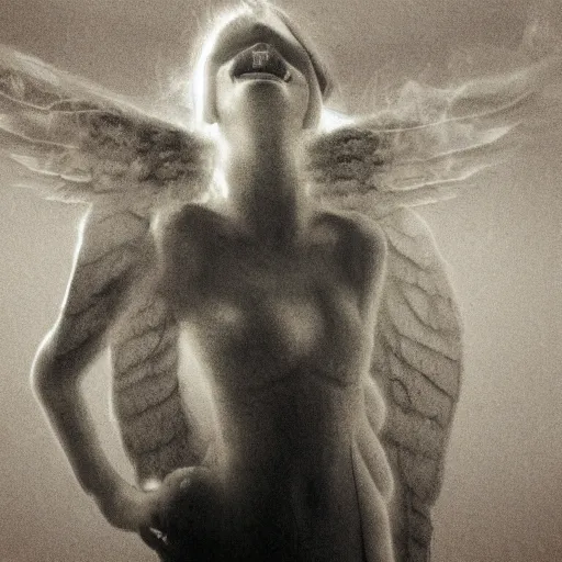 Prompt: angel, smiling, unnatural grin, horror, creepy, smoke, black, dark, glow