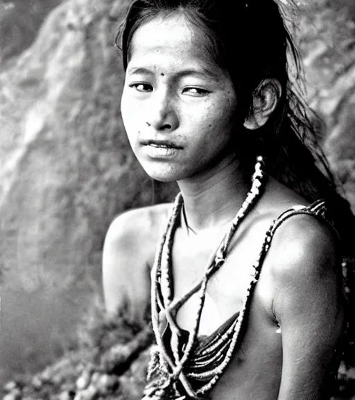 Image similar to vintage_portrait_photo_of_a_stunningly beautiful_nepalese_maiden in the himalayan mountains by Annie Leibovitz