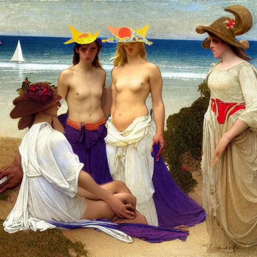 Prompt: Angels with jester hats and clothes forming a circle on the front of a Balustrade with a beach and a sail boat on the background, major arcana cards, by paul delaroche, alphonse mucha and daniel garber daniel garber hyperrealistic 8k, very detailed