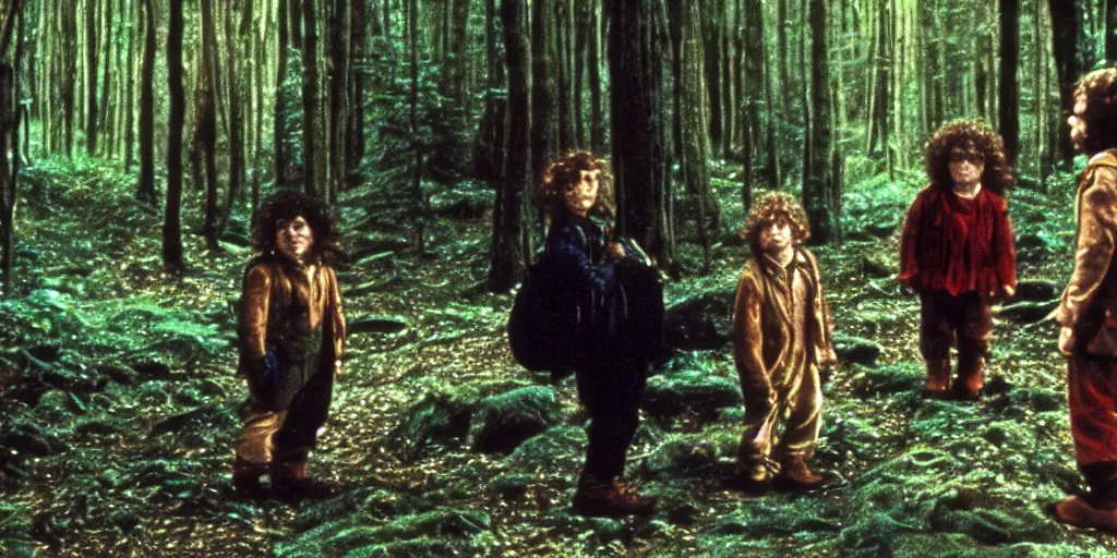 Image similar to A full color still from a Stanley Kubrick film featuring two hobbits with their backs to the camera, in a dark forest, 35mm, 1975