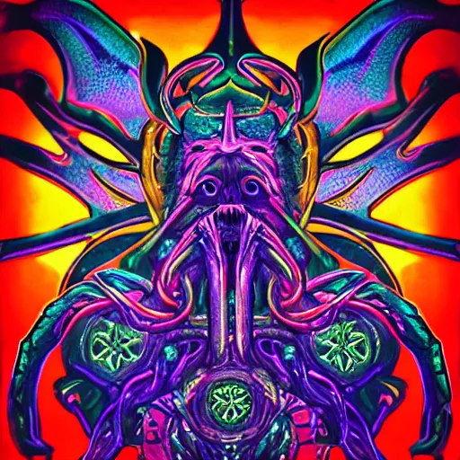 Image similar to 4 k stylized neon headshot of godlike cthulhu with defined arms and open hands and bloody clothes with giant mandala wings, intricate face, flawless anime cel animation by kentaro miura, psychedelic, highly detailed upper body, professionally post - processed, beautiful, scary, symmetry accurate features, epic, octane rendered, anime masterpiece, accurate