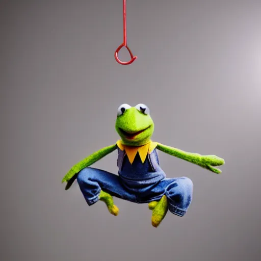 Prompt: kermit meme kermit the frog puppet swinging off a ceiling fan, highly detailed, photo realism, textured puppet, dslr