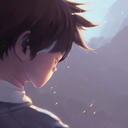 Image similar to a child with grey skin with blues and short brown hair and fire powers, highly detailed, digital painting, artstation, matte, by makoto shinkai, animation style
