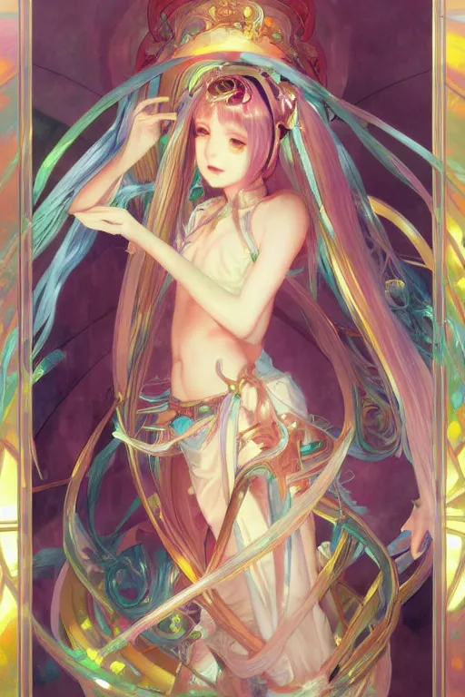 Prompt: a beautiful painting of hatsune miku, ray of light, shimmering and prismatic, rococo, highly detailed, by krenz cushart and mucha, trending on artstation.