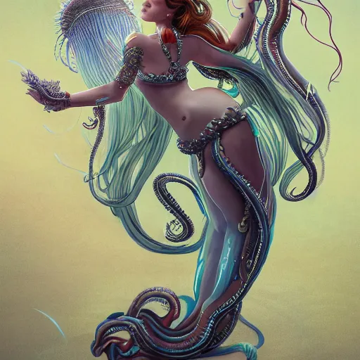 Image similar to Full body photo of the most beautiful goddess, she has a jellyfish-phoenix head's and a siren body, some tentacles are touching her, she is riding a dolphin by Tooth Wu, trending on Artstation, digital art, symmetrical artwork, cinematic, hyper realism, high detail, octane render, 4k, 8k