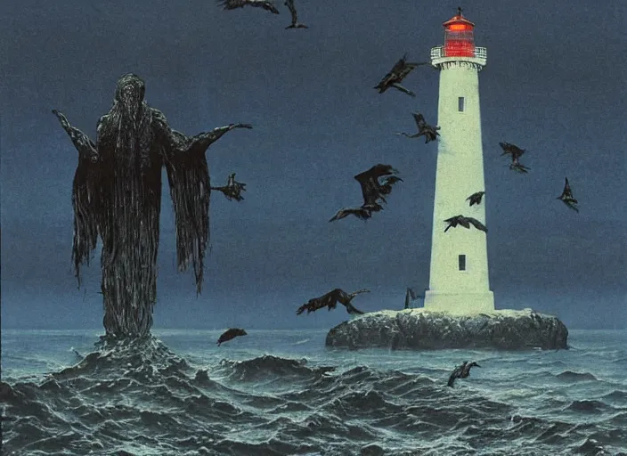 Image similar to worshippers in robes belonging to the cult of the lighthouse standing in waves with ravens flying overhead, a lighthouse, ravens, high detailed beksinski painting, part by adrian ghenie and gerhard richter. art by takato yamamoto. masterpiece, dark and moody, deep colours, blue - h 8 9 6