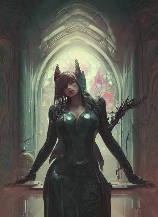 Image similar to a beautiful illustration of a cyberpunk witch with horns in head, intricate, sharp focus, illustration, highly detailed, digital painting, concept art, matte, art by wlop and artgerm and greg rutkowski and alphonse mucha, masterpiece