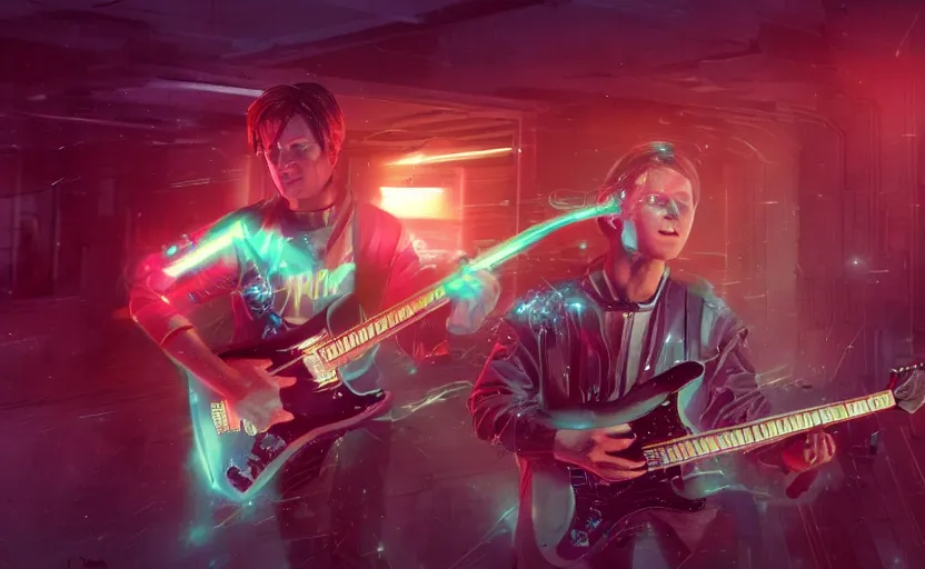 Image similar to found footage of Marty McFly playing a futuristic guitar, in liminal space, cyberpunk, film grain, dark lighting, realistic, photgraph, silent hill style, detailed cinematic lighting