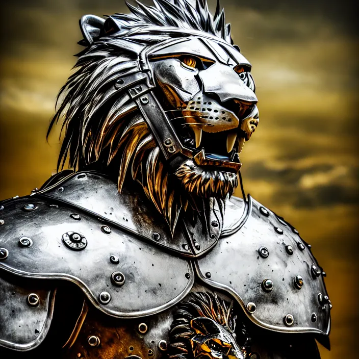 Prompt: photo of a warrior with metal lion themed armour, highly detailed, 4 k, hdr, smooth, sharp focus, high resolution, award - winning photo