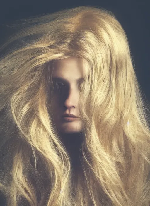 Image similar to dramatic photo of a woman with super wavy snake marble hair. moody and melanchonic. with a bit of gold