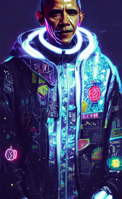 Prompt: detailed portrait obama, cyberpunk futuristic neon, reflective puffy coat, decorated with traditional japanese ornaments by ismail inceoglu dragan bibin hans thoma greg rutkowski alexandros pyromallis nekro rene maritte illustrated, perfect face, fine details, realistic shaded, fine - face, pretty face