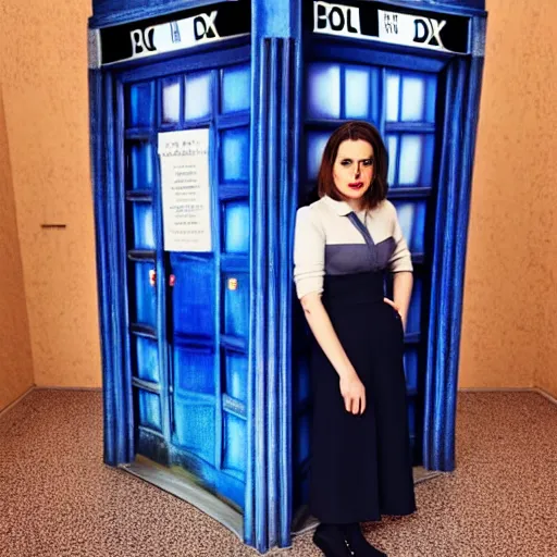 Image similar to a beautiful full body photograph of hayley atwell dressed as doctor who standing in front of the tardis, symmetrical face, extreme realism and detail, 8 k, completely framed, direct lighting, 3 5 mm photo, photorealistic, sharp focus