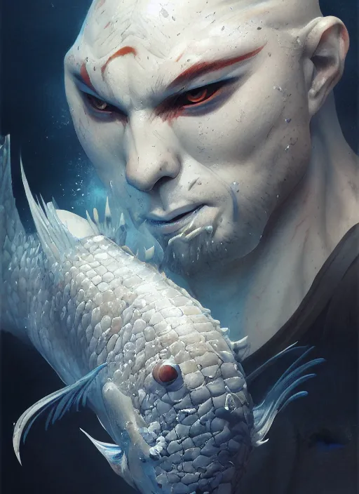 Prompt: subsurface scattering, white, koi, samurai with face armor, by jesper ejsing, justin gerard, tomasz alen kopera, cgsociety and fenghua zhong, highly detailed, rim light, cinematic lighting, illustration, art, octane render, very coherent, cinematic, hyper realism, high detail, octane render, 8 k