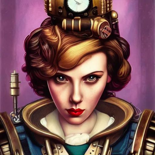 Image similar to Lofi Steampunk Bioshock portrait of Scarlett Johansson, Pixar style, by Tristan Eaton Stanley Artgerm and Tom Bagshaw.