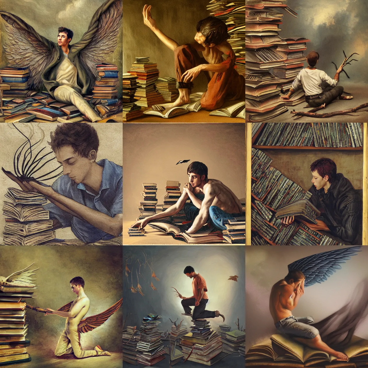 Prompt: a young man with wings made from twigs kneeling down on the floor, looking at on a pile of open books, fantasy painting