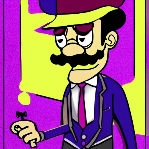 Prompt: Waluigi wearing a business suit and a red necktie, hd, digital art, Tran Ross
