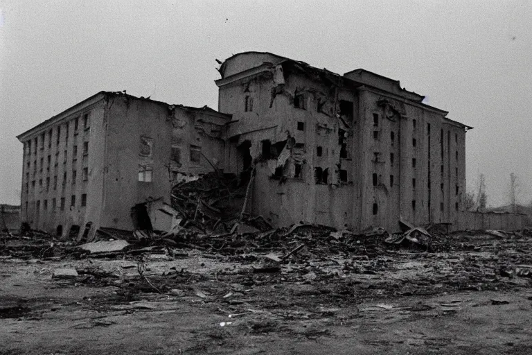 Image similar to flash photograph of soviet destroyed military building, ground zero, Radioactive Contamination, detail, 1985, creepy, dark, haunted, heavy rain, vintage photo