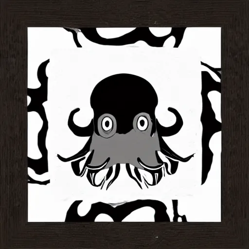 Image similar to very angry squid, 🦑 design in square frame, black and white, mad cuttlefish