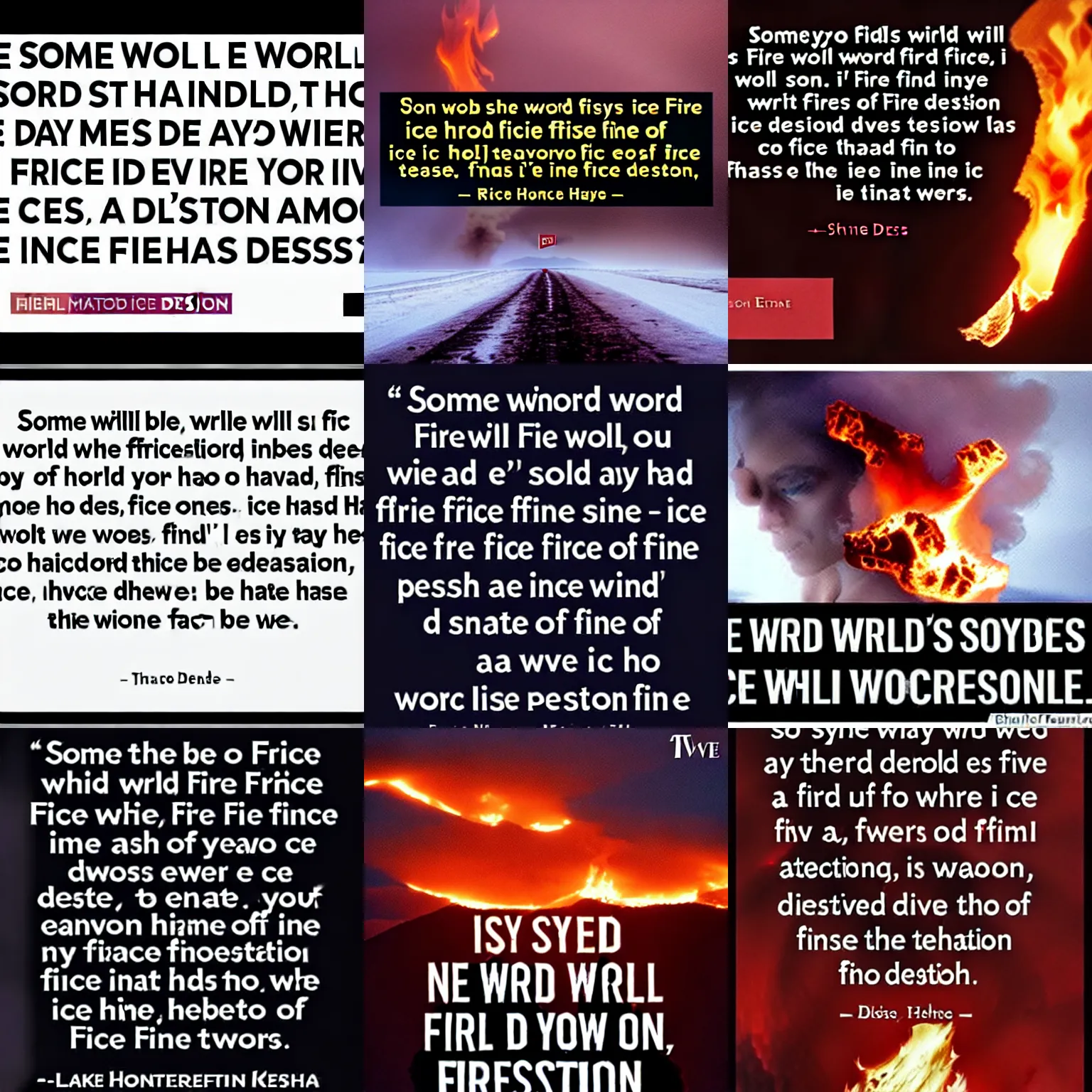 Prompt: some say the world will end in fire, some say in ice. from what i've tasted of desire i hold with those who favor fire. but if it had to perish twice, i think i know enough of hate to say that for destruction ice is also great and would suffice