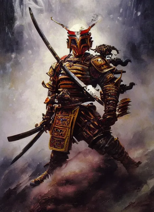 Prompt: A full portrait oil painting of a godlike and psychedelic helmeted and masked Samurai holding a katana above his head an running into battle, japanese god of war armor, by Frank Frazetta, Greg Rutkowski, Boris Vallejo, epic fantasy character art, Exquisite detail, post-processing, low angle, masterpiece, cinematic, lightning