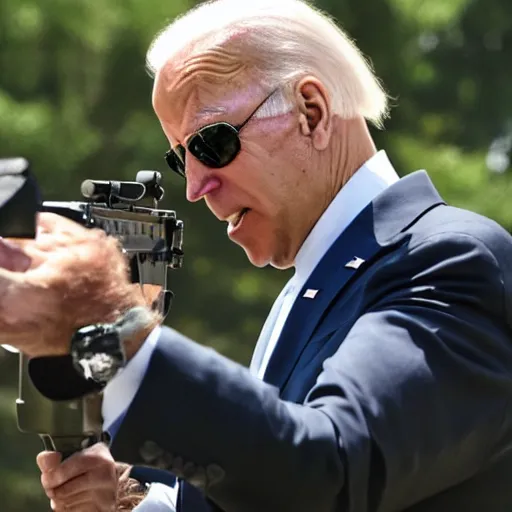 Prompt: joe biden firing a machine gun with a terrified expression