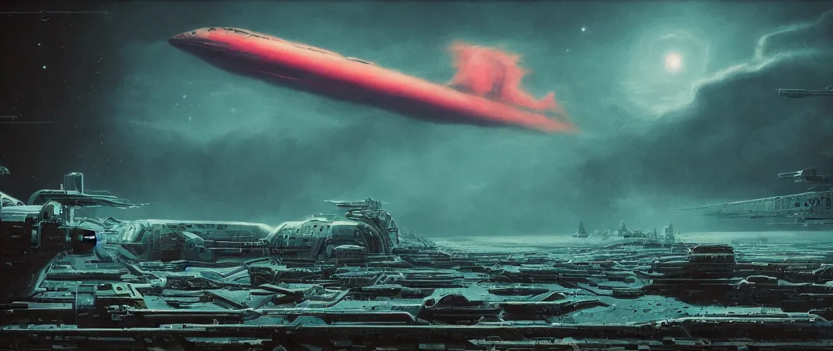 Image similar to lone industrial!!! spaceship!!, deep space exploration!!!, flying, ridley scott universe, the final frontier, illustrative!!, punk, hyperdetailed, hyperrealistic, utilitarian cargo ship, cinematic lighting, 4k, wide angle, beksinski, trending on artstation, ((neon colors))