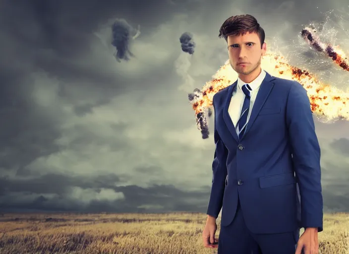 Prompt: epic cinematic close up of a man in his 20s with brown hair, wearing a blue business suit and holding a briefcase, looking on confidently with explosions behind him, 4k