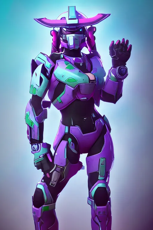 Image similar to character design d. va from overwatch in a spartan mjolnir mkv armor from halo. halo reach. with two pistols, akimbo. halo 3 poster style background. render style. 8 k. realistic