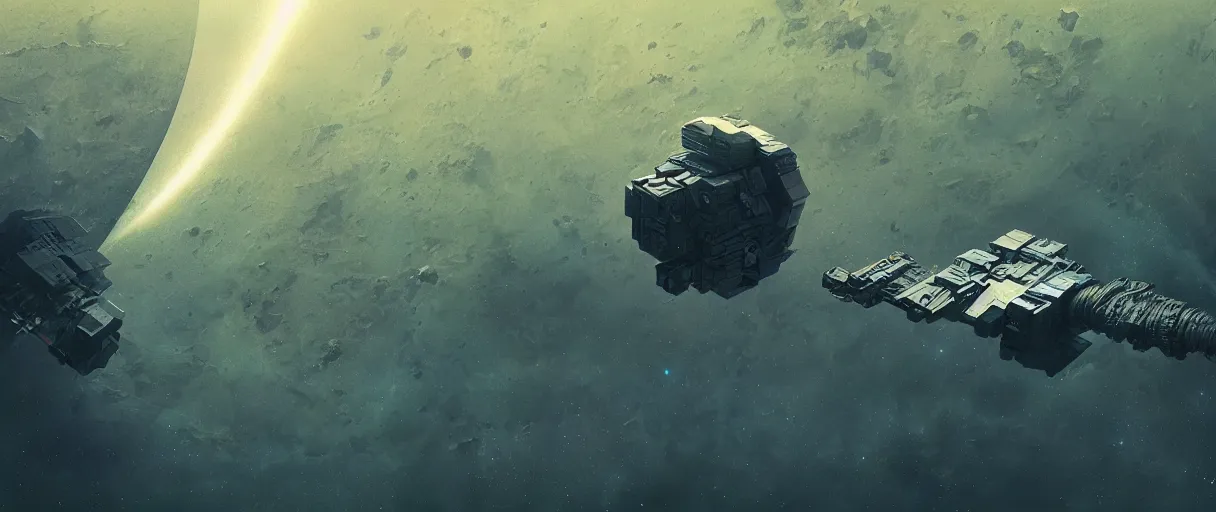 Prompt: illustration, a single scouting spaceship, deep space exploration, the expanse tv series, industrial design, space travel, intergalactic, cinematic lighting, 4k, greebles, widescreen, wide angle, beksinski, sharp and blocky shapes, deep palette