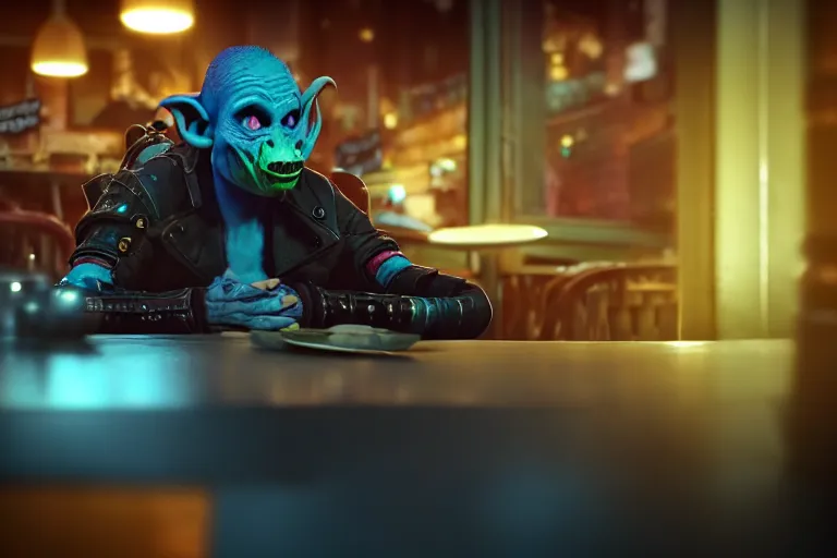 Image similar to a bored male goblin punk sitting alone at a table in a cafe in a cyberpunk city, close up shot, sharp focus, shallow depth of field, highly detailed face, 8k, unreal engine 5, cinematic lighting, vivid elegant fantasy concept art, character art, cold blue neon atmosphere, artstation, deep complimentary colors, volumetric lighting, photorealistic, hyperdetailed 3D matte painting, hyperrealism, hyperrealistic masterpiece