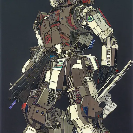 Image similar to syd mead roger dean alphonse mucha yoji shinkawa moebius victo ngai hyperrealism combat warrior mech combat robot mech suit exosuit guns gunfire explosions skirmish warfare gunfire death,