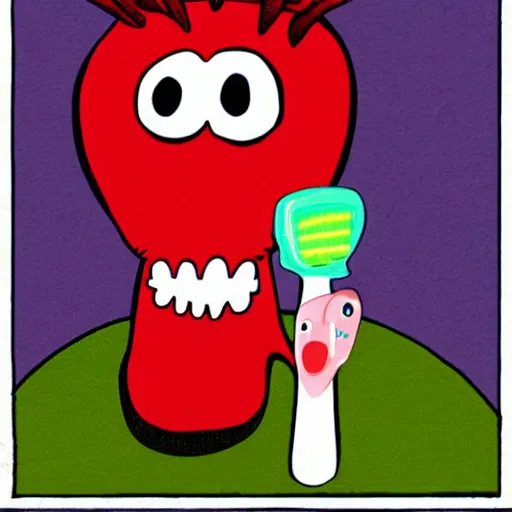 Image similar to a cute strawberry character with two front teeth, holding a yellow toothbrush, in the style of tara mcpherson