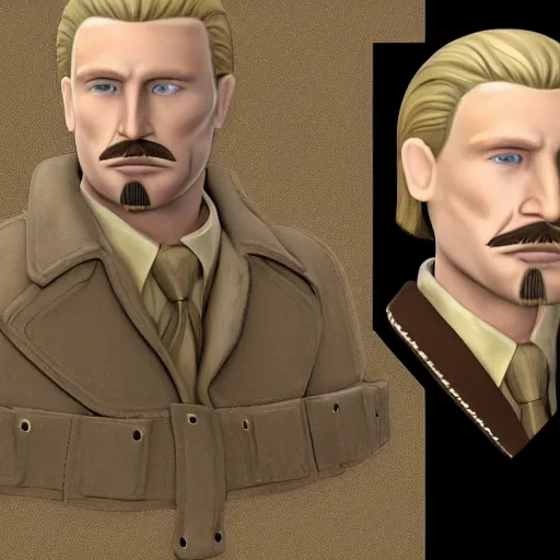 Prompt: blonde Viktor Reznov from Call of Duty: World at War portrait with a beige coat, a blonde goatee, thick moustache, short hair, beige fedora, and sunglasses, photorealistic, dramatic lighting