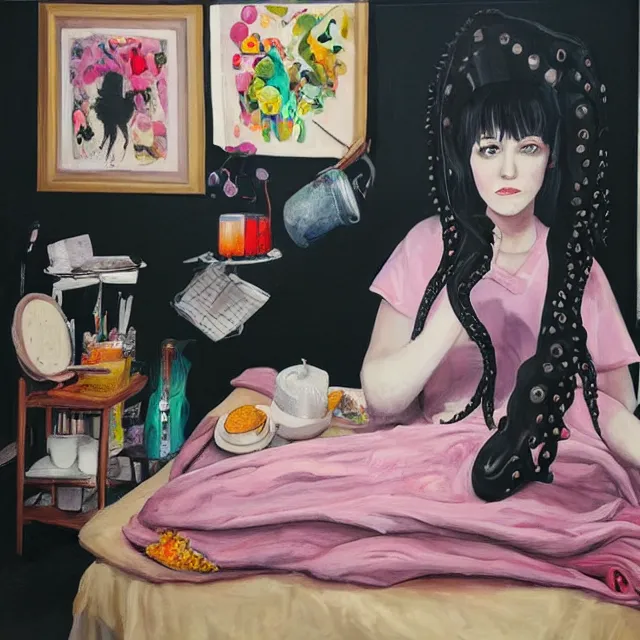 Image similar to a portrait in a female artist's bedroom, black walls, emo girl eating pancakes, sheet music, berries, surgical supplies, handmade pottery, flowers, sensual, octopus, neo - expressionism, surrealism, acrylic and spray paint and oilstick on canvas