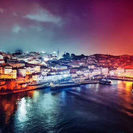 Image similar to cinematic shot of the city of Porto Portugal, with neon lights and flying cars